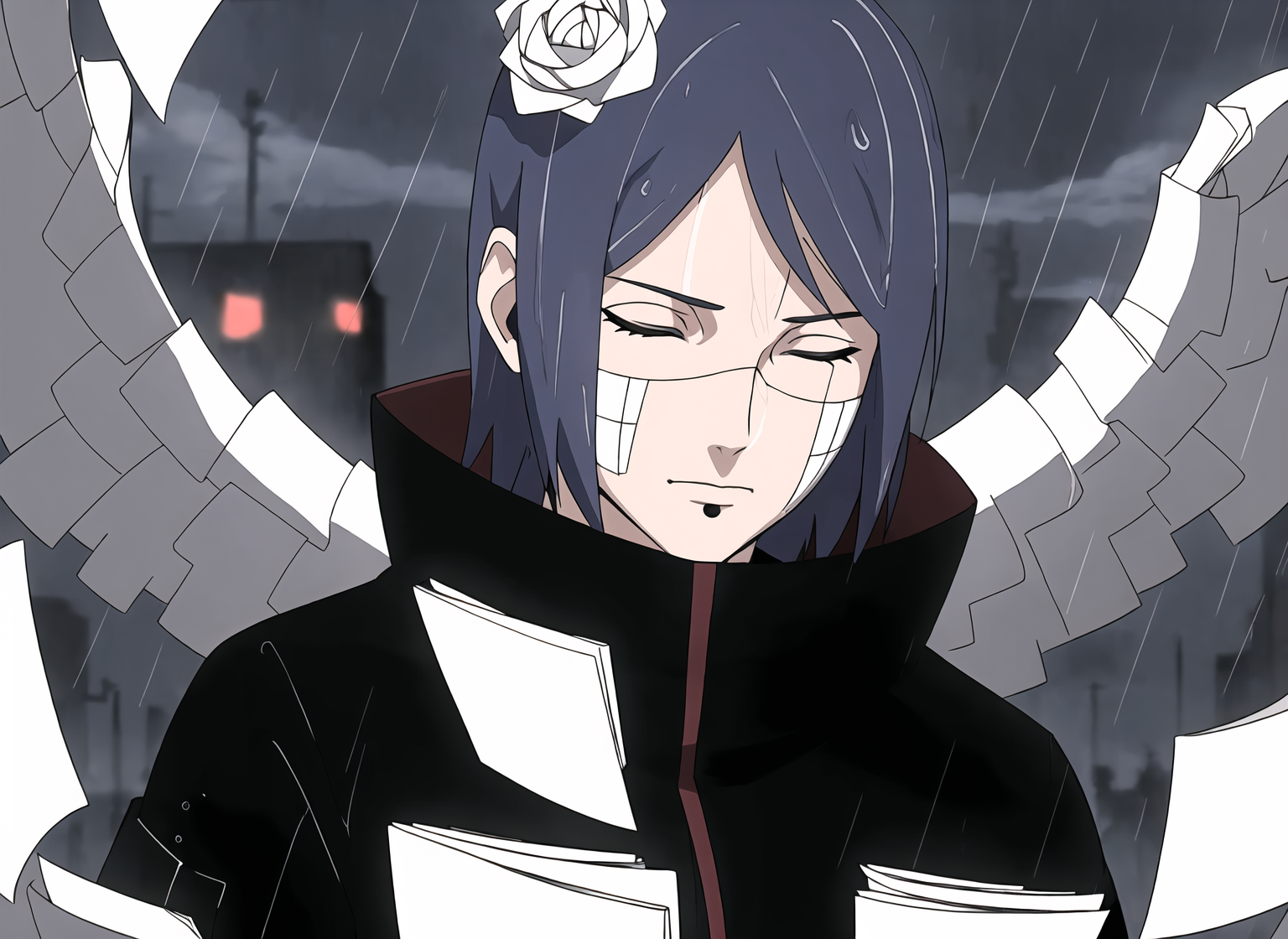 06784-637821898-((masterpiece)), ((best quality)),konan _(naruto_)1girl, labret piercing, paper, rain, solo,  (paper jutsu), paper, ((akatsuki o.png